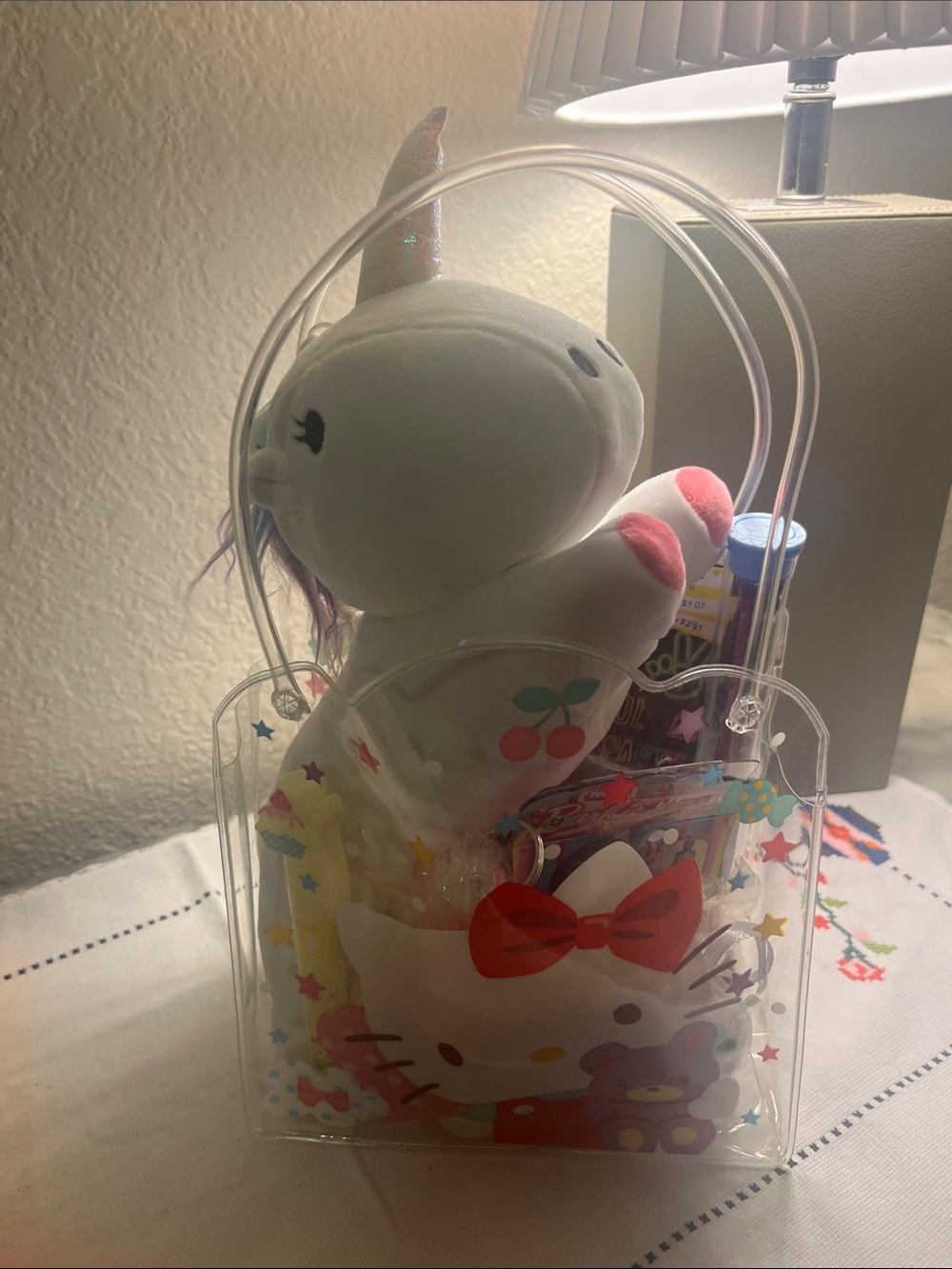 Hello Kitty Clear Tote with White Plush Unicorn and Pink Accents and lots more!!